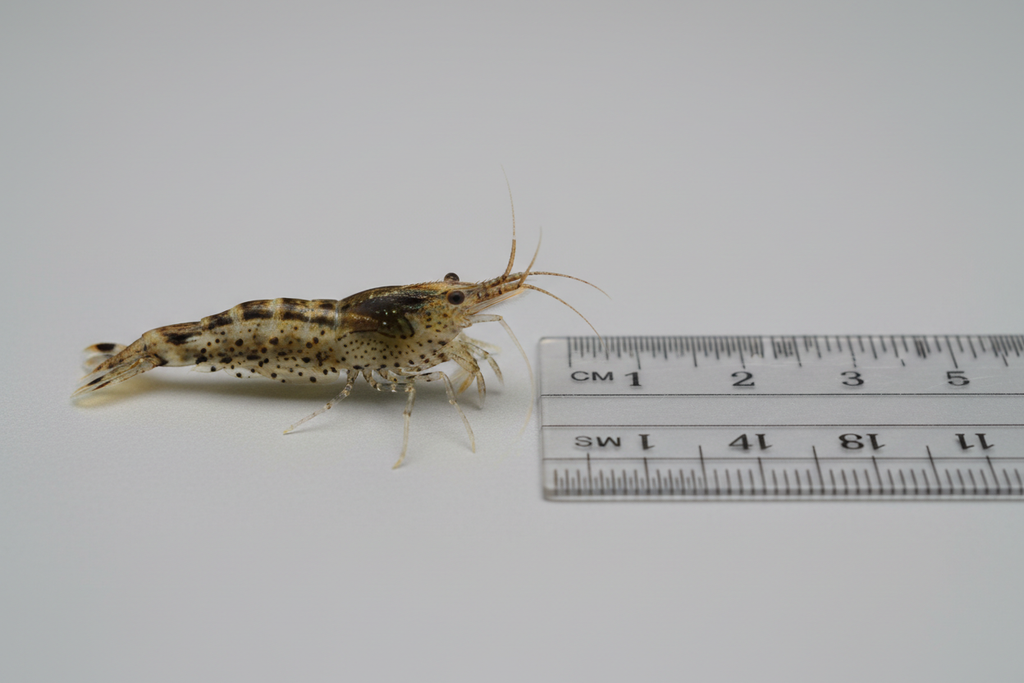 Amano shrimp- scale reference shrimp next to ruler
