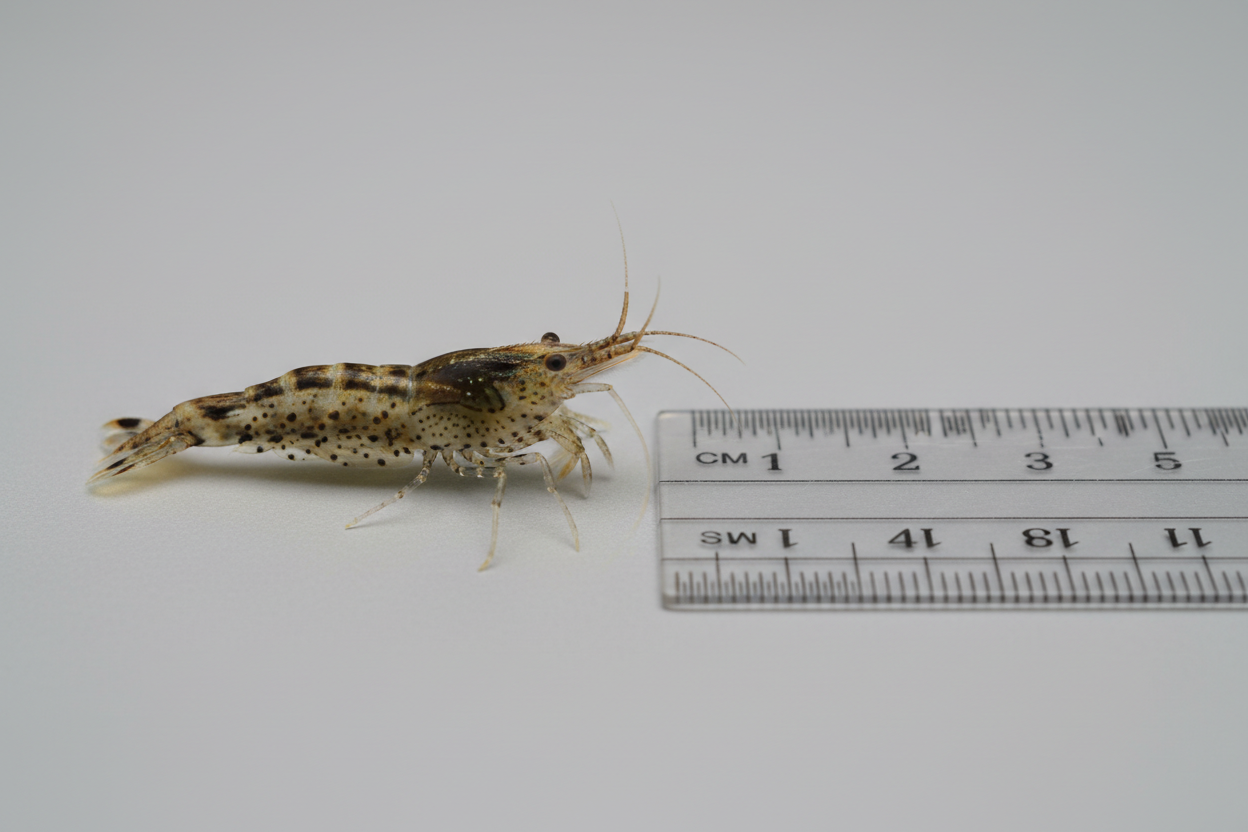 Amano shrimp- scale reference shrimp next to ruler