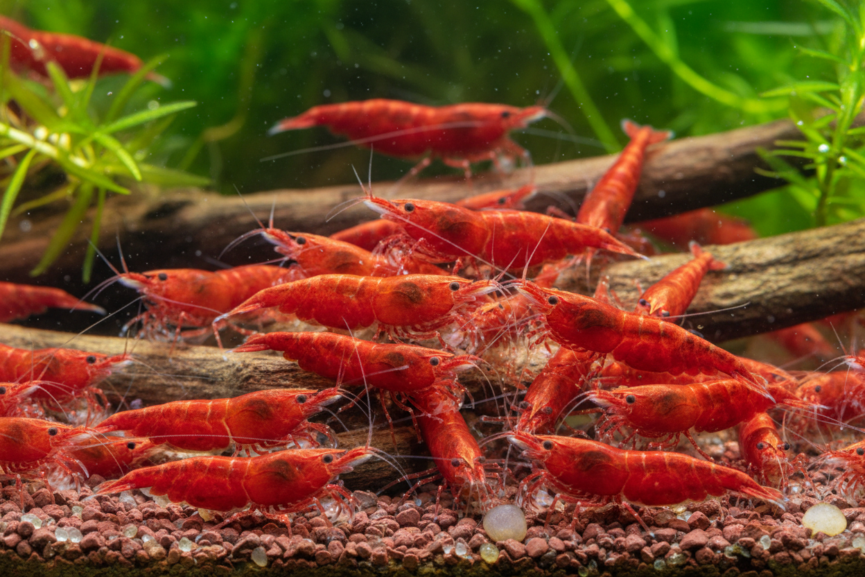 Make a group of fire red shrimp like the image I just selected