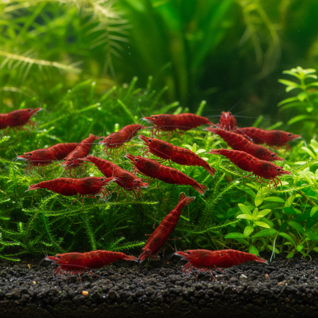 Neocaridina (Bloody Mary)-group shot-shows health, size, consistency, and quantity