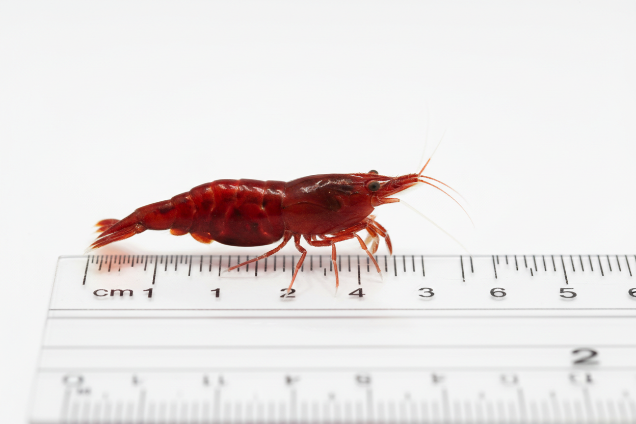 Neocaridina (Bloody Mary)-Scale reference to a ruler