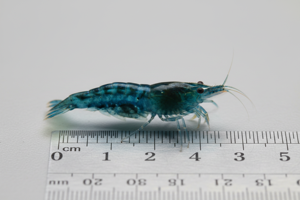 Neocaridina (Blue Jelly)-scale reference next to a ruler