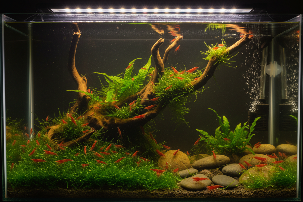 Neocaridina (Fire Red)-tank/environment reassures buyer's it's a legit setup 