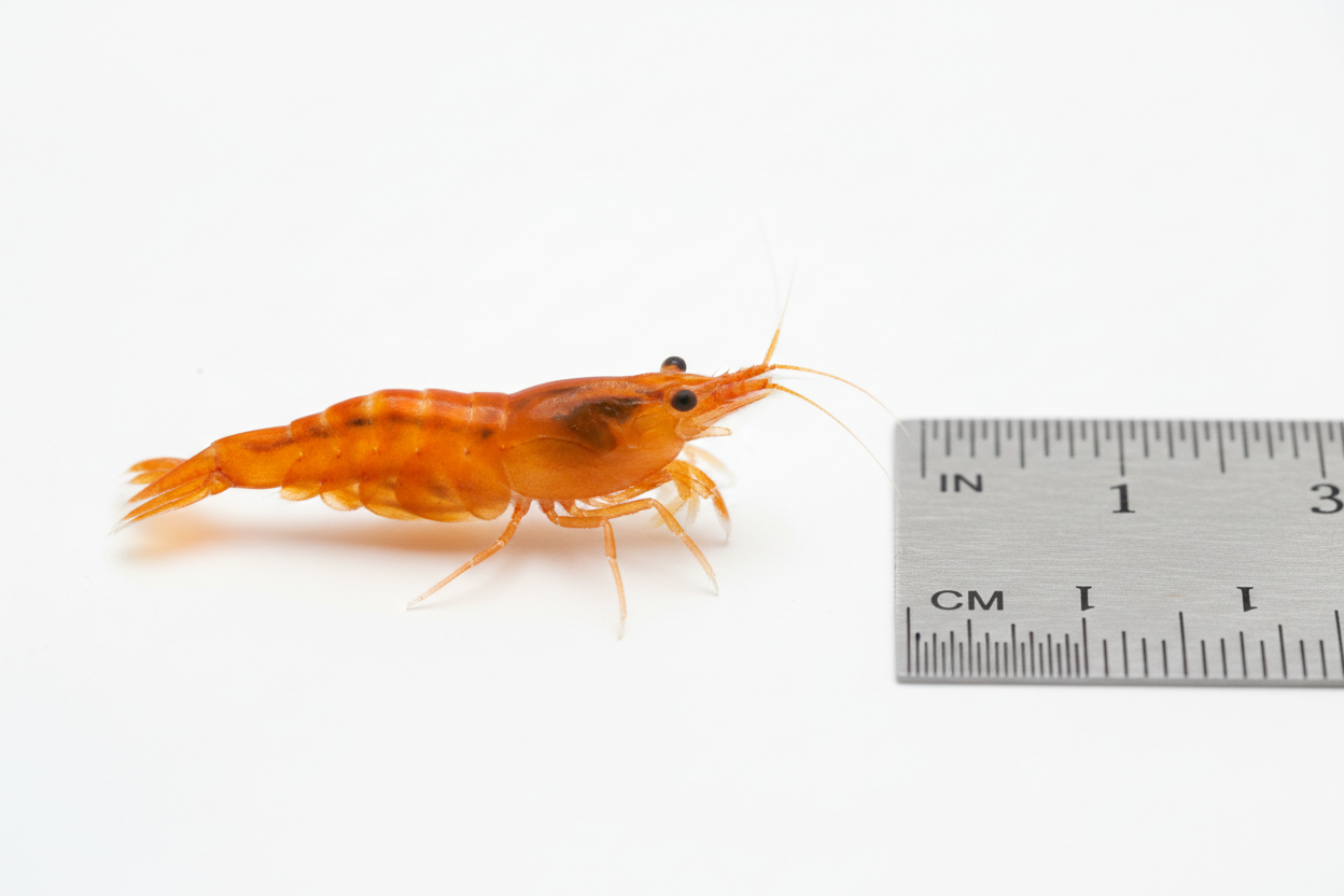 Neocaridina (Orange Pumpkin)-size reference next to a ruler