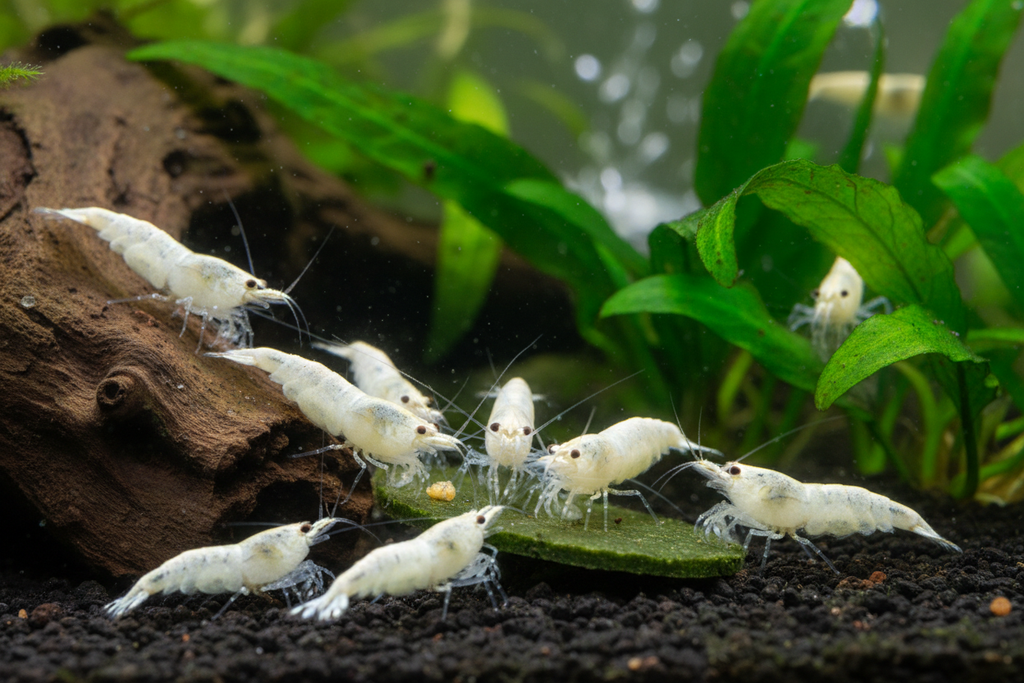 Neocaridina (Snowball)-group shot feeding