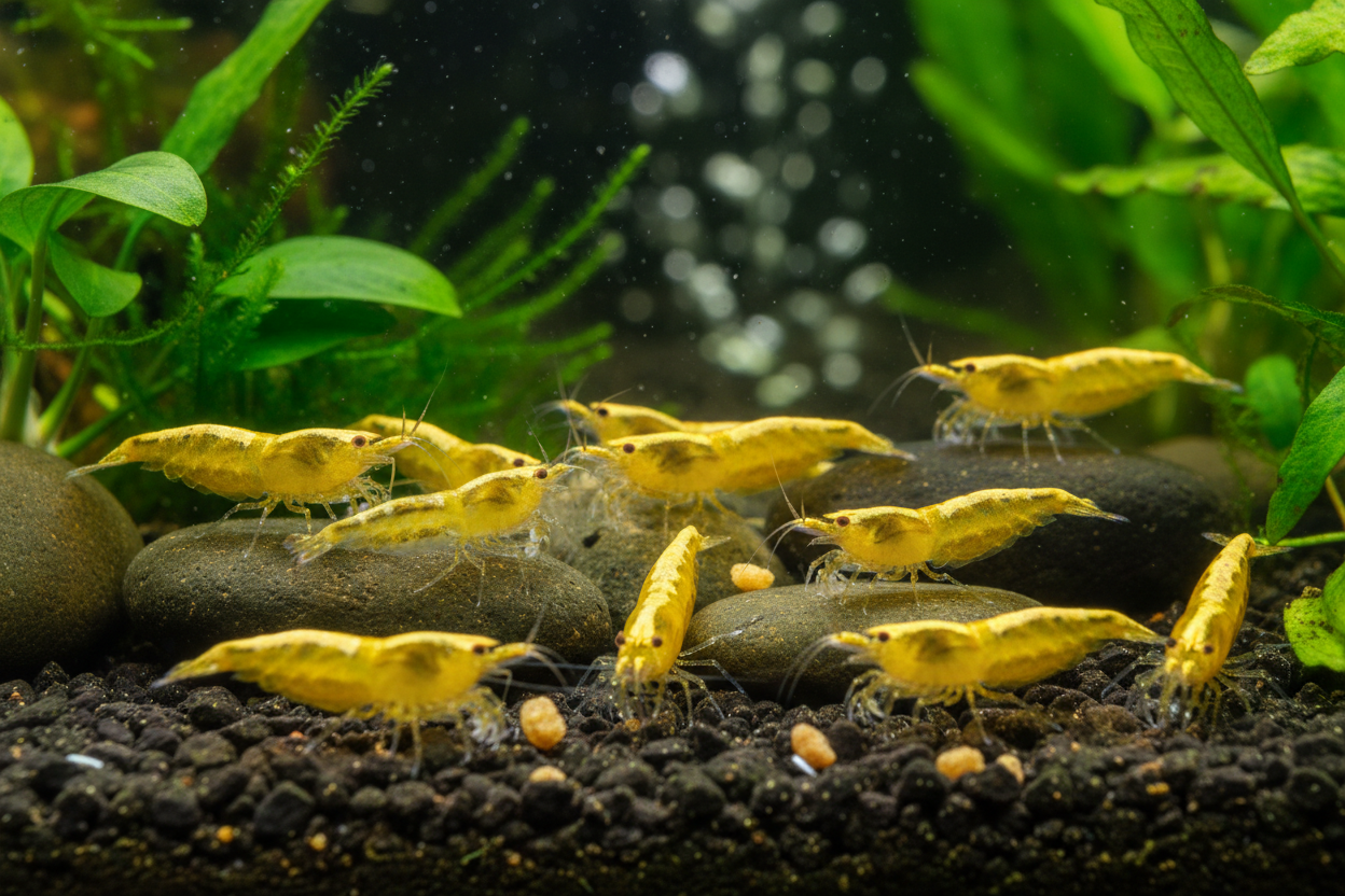Neocaridina (Yellow Golden)- group shot feeding