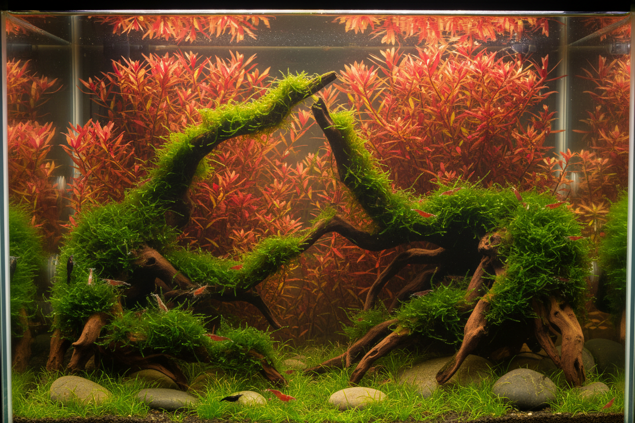 Planted aquarium tank with red plants in the back, and shrimp on mossy driftwood